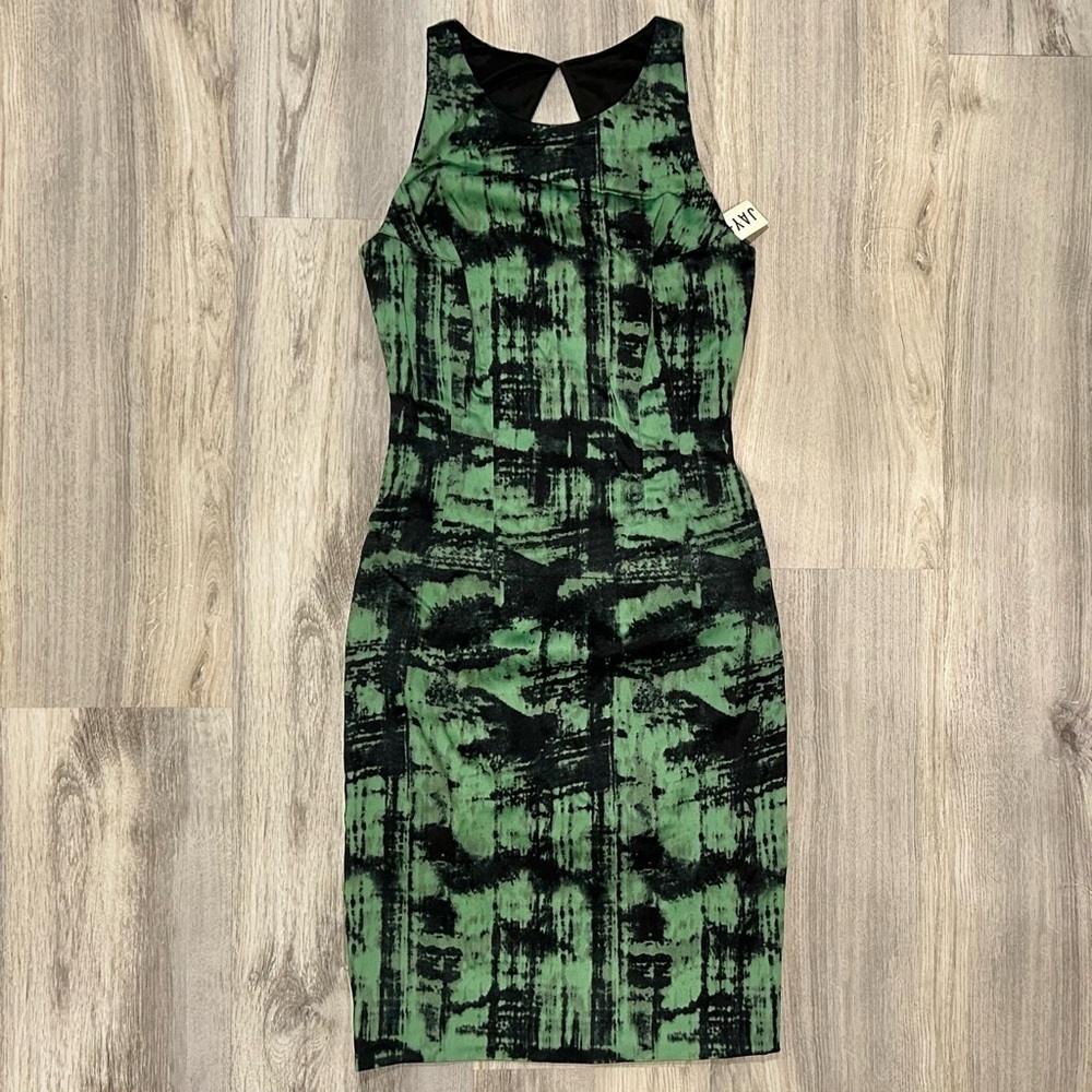 NWT Jay Godfrey Green Black Abstract Sleeveless Stretch Knee Length Dress Size 4